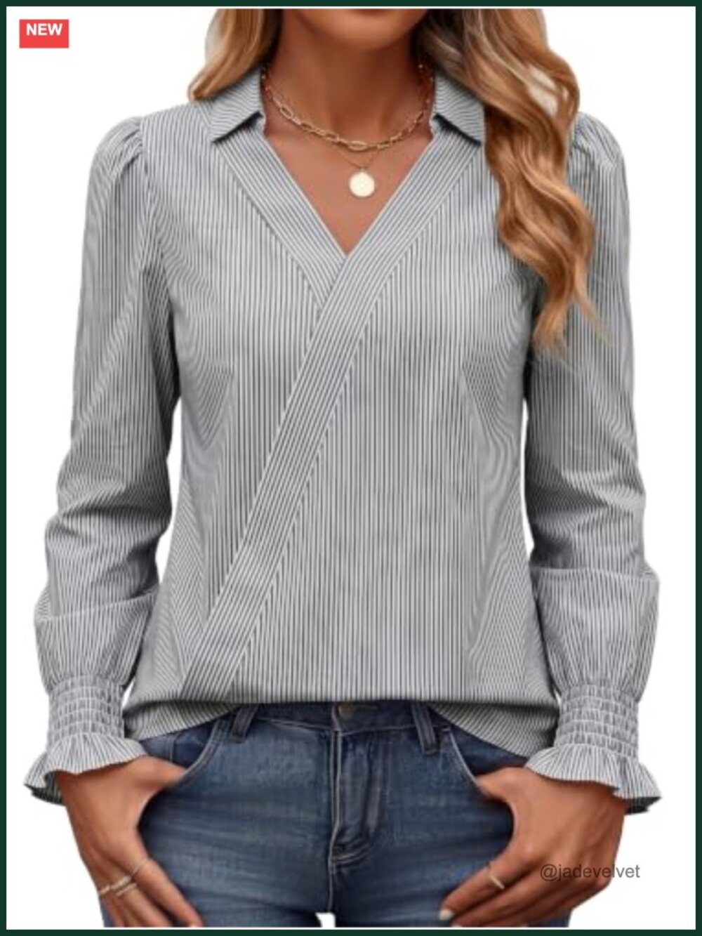 Women Long Sleeve V Neck Collared Blouse Business Casual Work Top